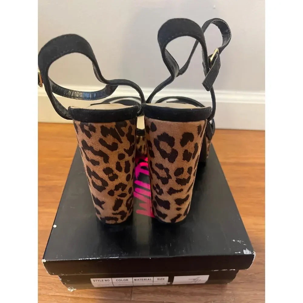Sexy Leopard and Black Suede Platform Chunky Strappy Heels Pumps - Picture 5 of 6